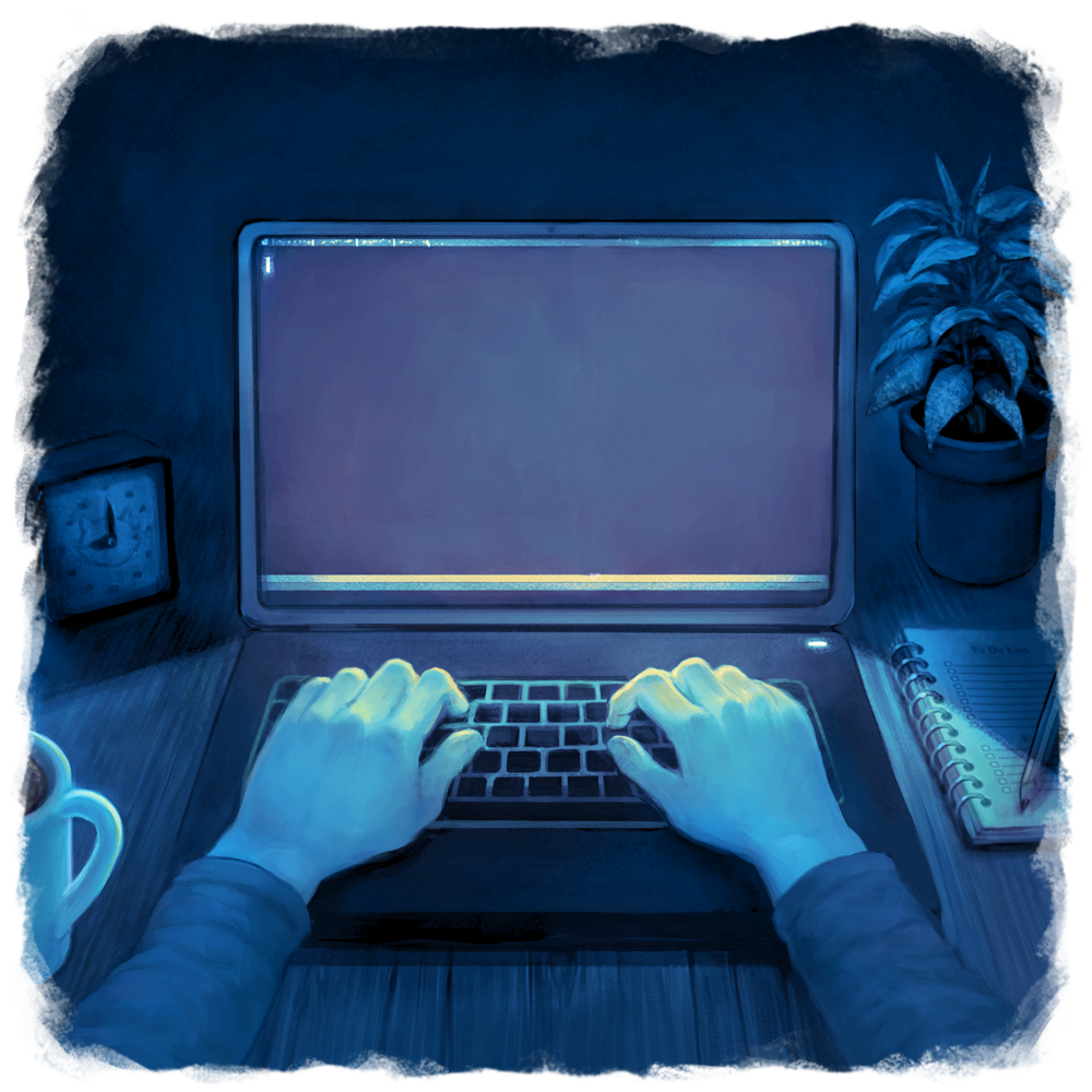 Cover Artwork of a programmer looking at a blank page with a clock and a warm beverage on their left and a plant and a pencil / pad of paper on their right. Artwork by David Revoy.